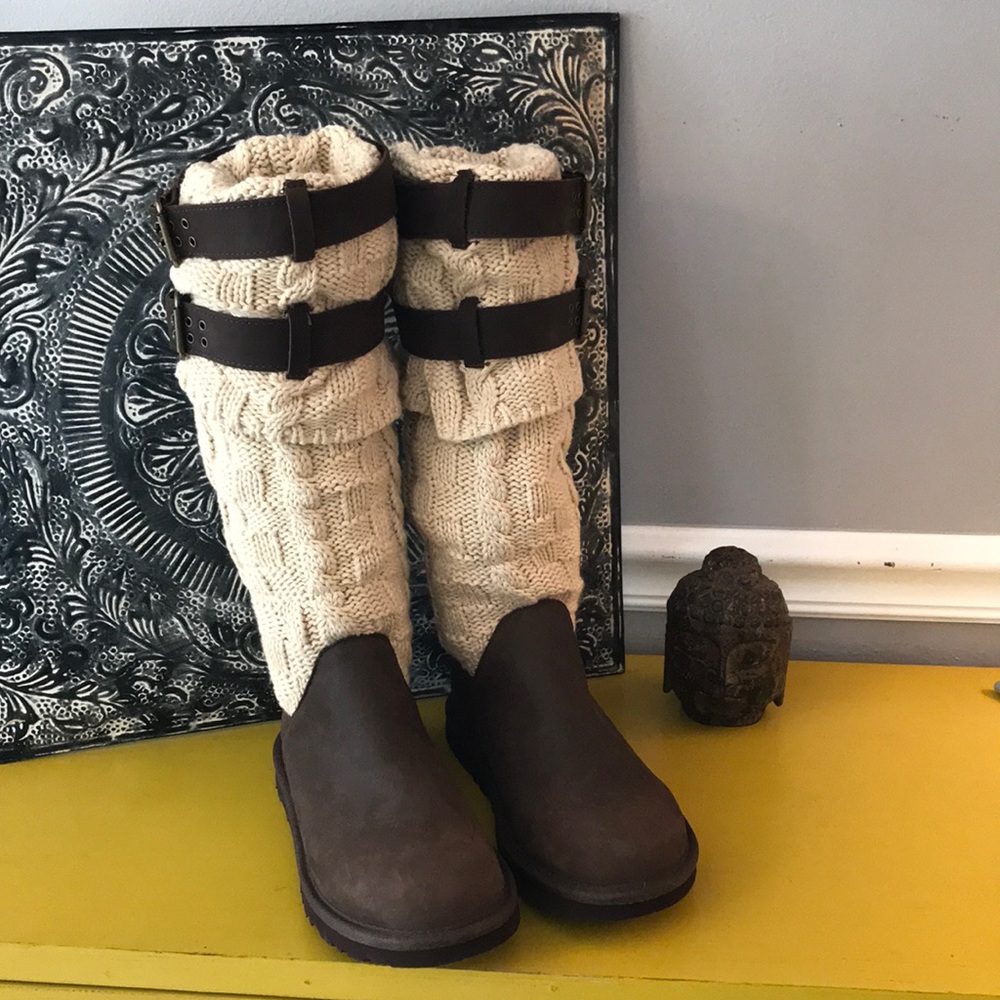 UGG SWEATER BOOT WITH LTHR BOtTOM BROWN CREME SZ 6